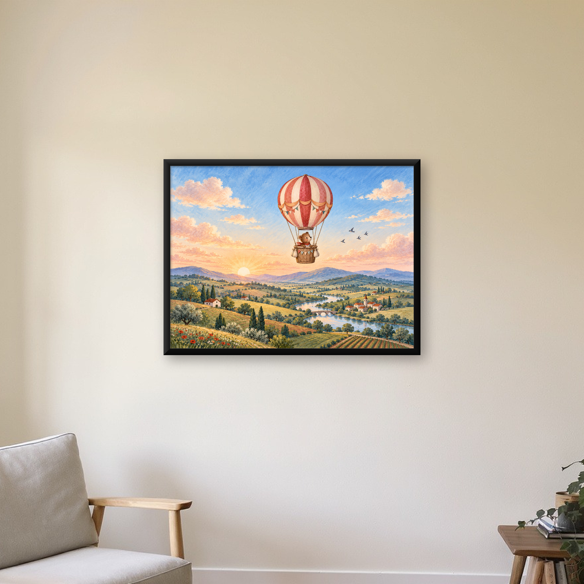 Sıcak Hava Balonunda Sevimli Ayıcık Suluboya Poster — Yatay baskı, çerçeveli hâliyle bir ev duvarında