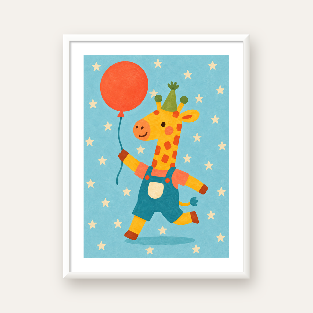 Balonlu Zürafa — beyaz çerçeveli dikey poster