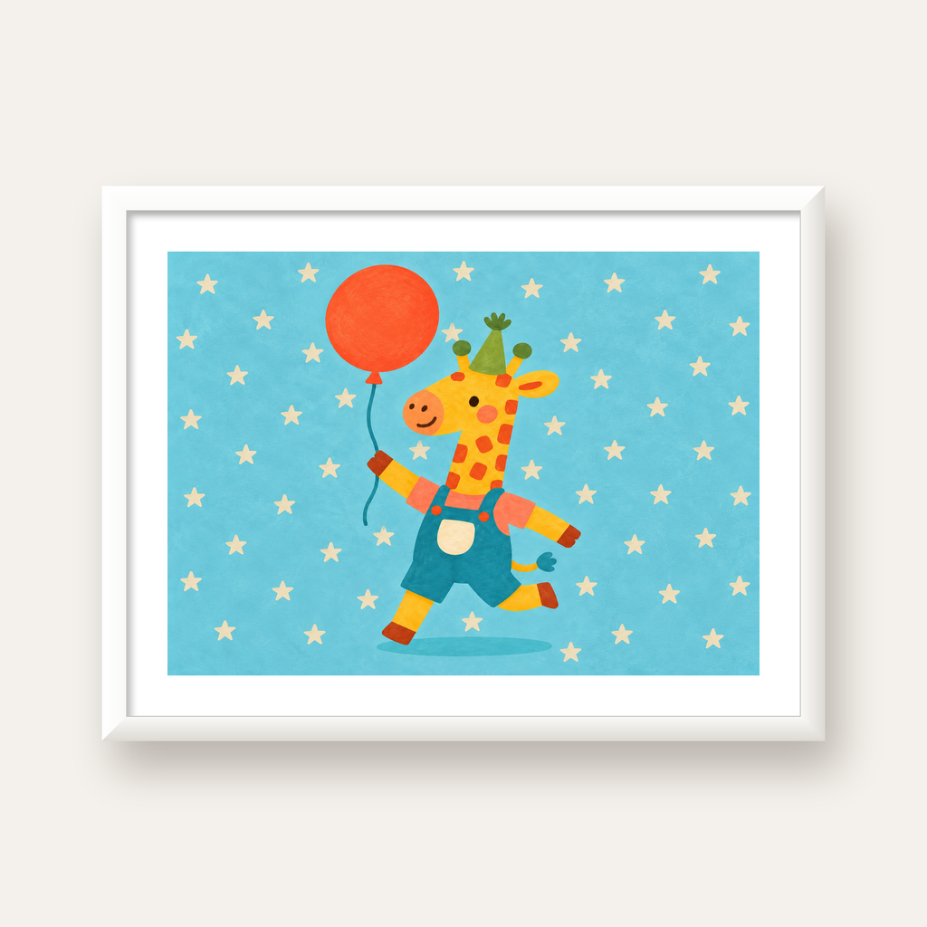 Balonlu Zürafa — beyaz çerçeveli yatay poster