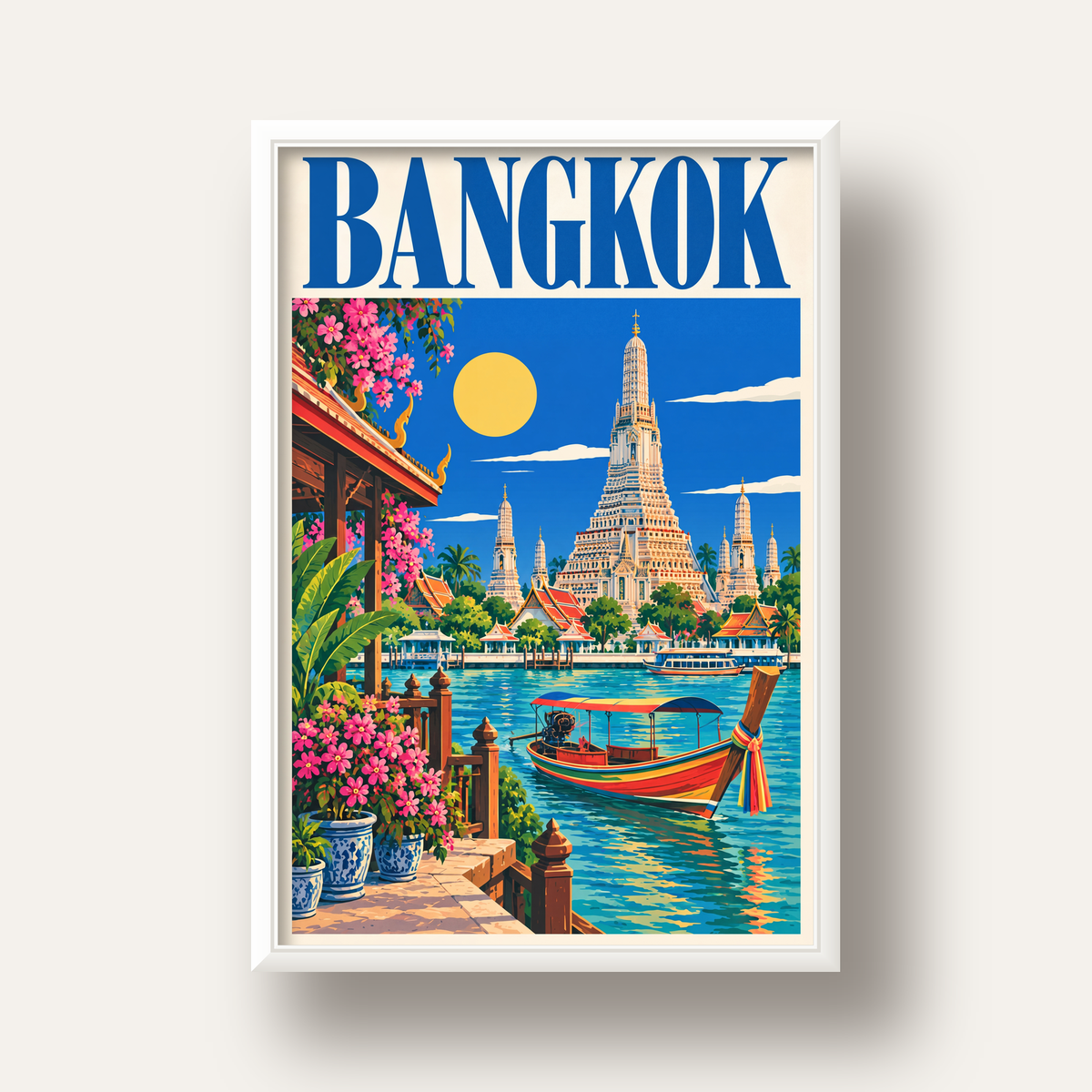 Bangkok Tapınak ve Nehir Manzaralı Renkli Poster Dekor — beyaz derin çerçeveli