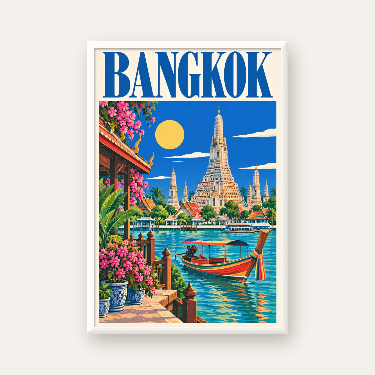 Bangkok Tapınak ve Nehir Manzaralı Renkli Poster Dekor — beyaz çerçeveli dikey poster