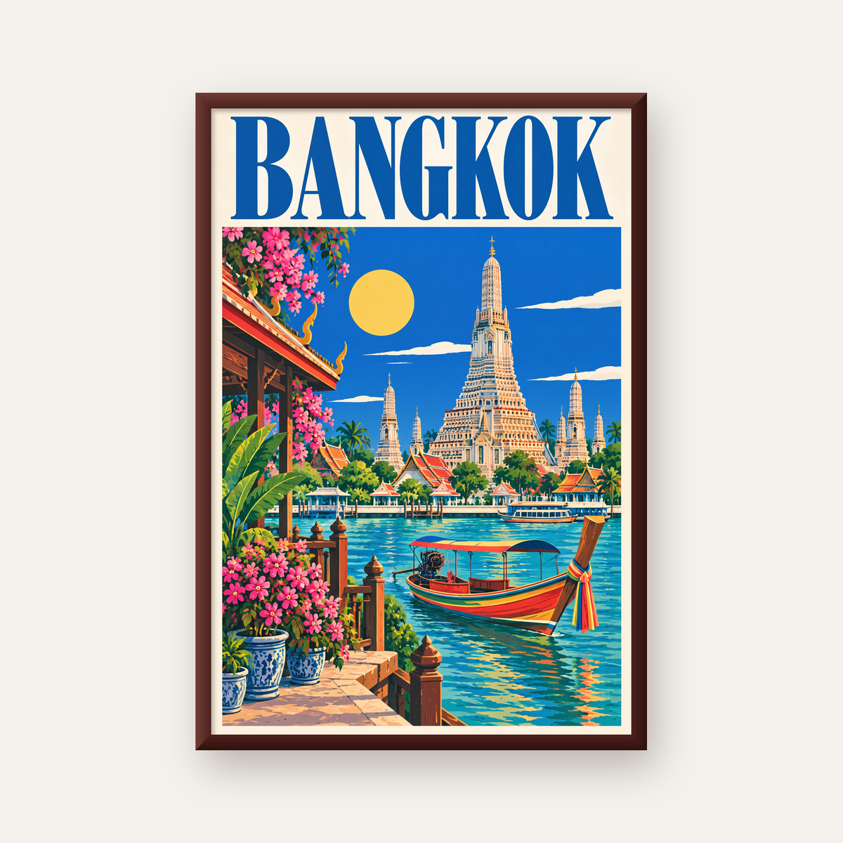 Bangkok Tapınak ve Nehir Manzaralı Renkli Poster Dekor — ceviz çerçeveli
