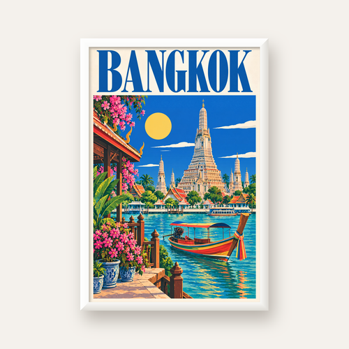 Bangkok Tapınak ve Nehir Manzaralı Renkli Poster Dekor — beyaz çerçeveli dikey poster