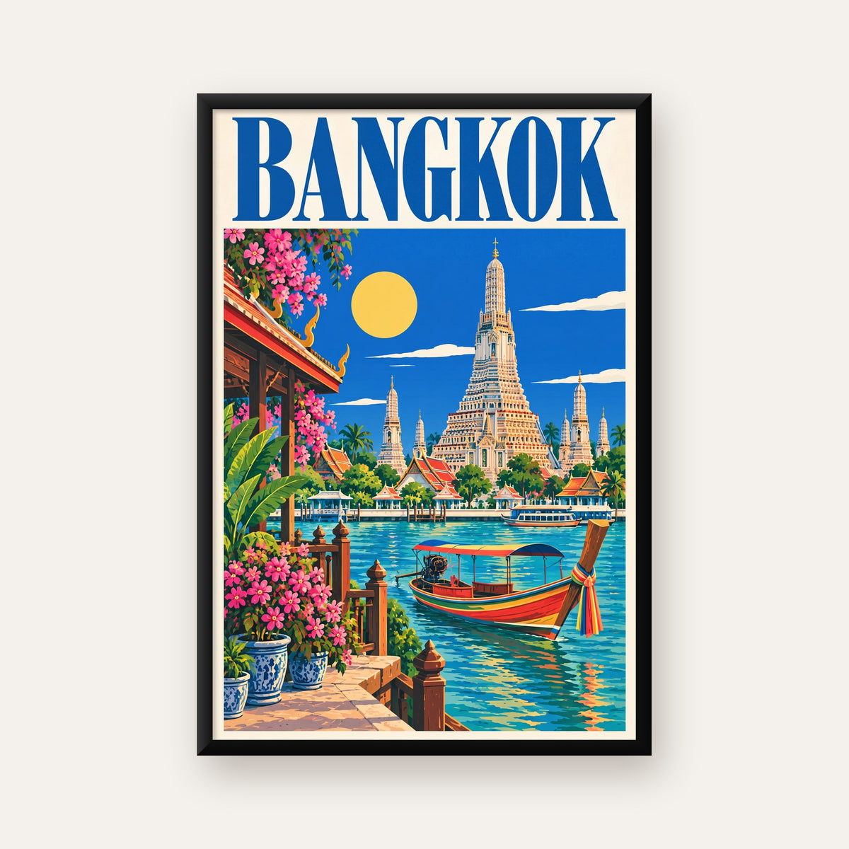 Bangkok Tapınak ve Nehir Manzaralı Renkli Poster Dekor — ceviz çerçeveli