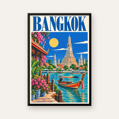 Bangkok Tapınak ve Nehir Manzaralı Renkli Poster Dekor — ceviz çerçeveli
