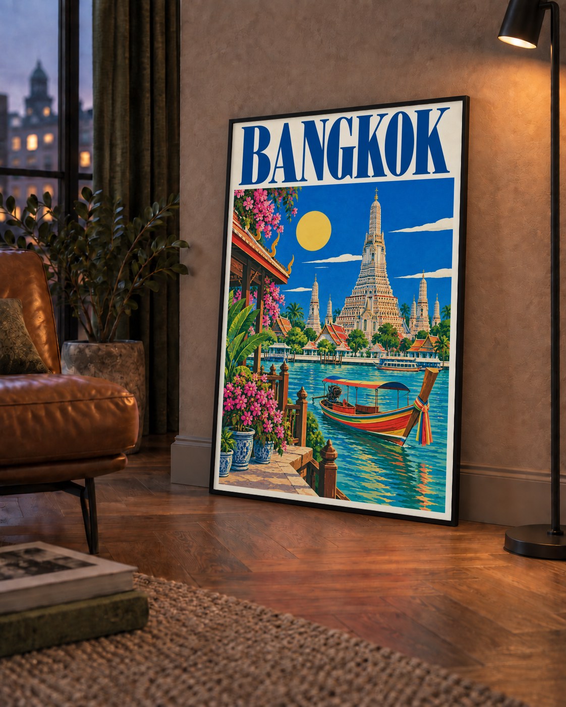 Bangkok Tapınak ve Nehir Manzaralı Renkli Poster Dekor — çerçeveli hâliyle bir ev duvarında