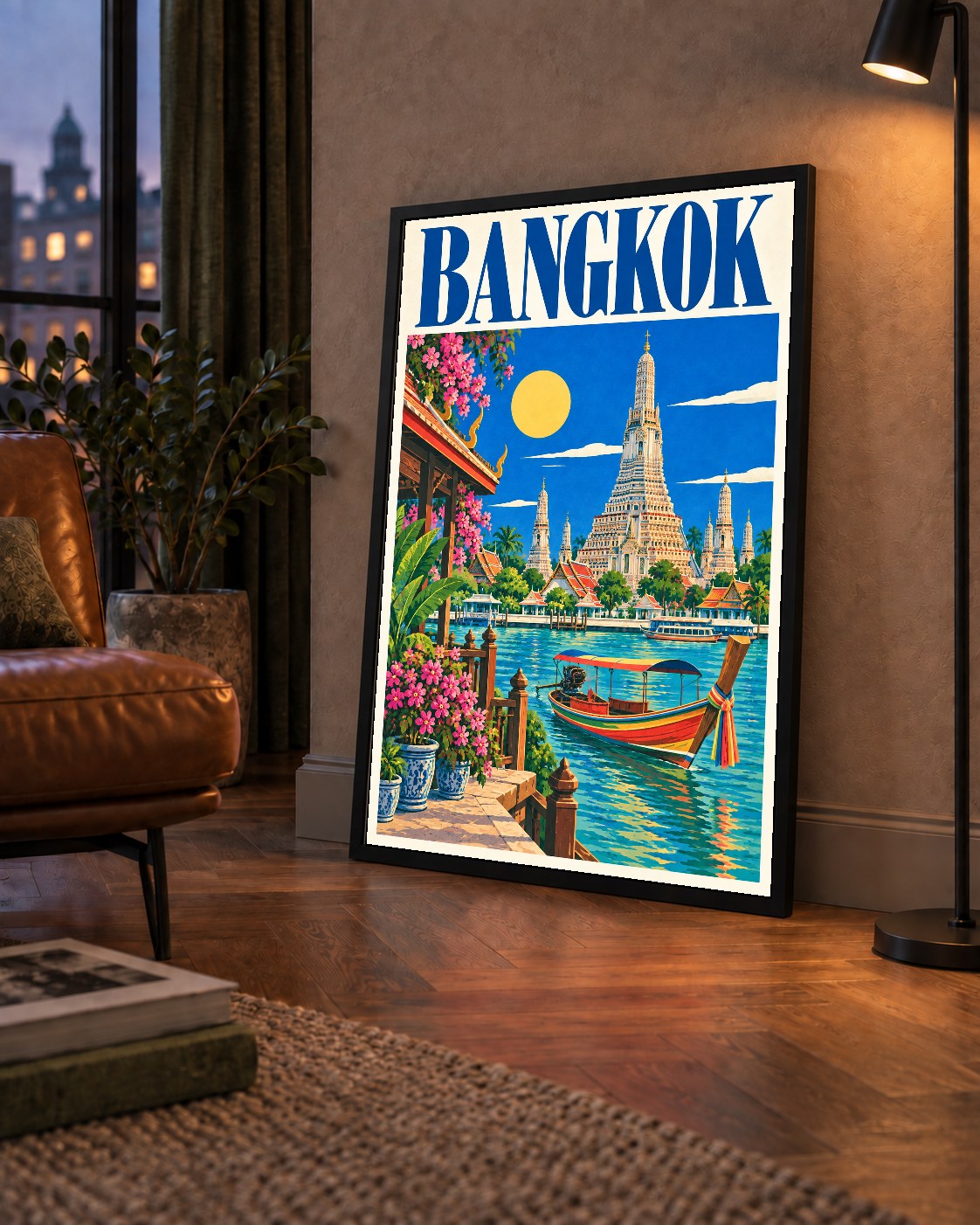Bangkok Tapınak ve Nehir Manzaralı Renkli Poster Dekor