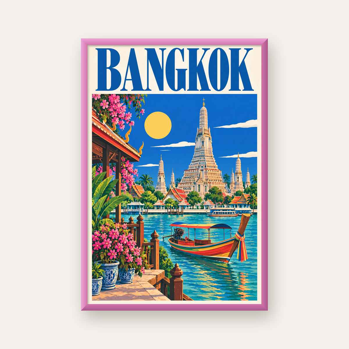 Bangkok Tapınak ve Nehir Manzaralı Renkli Poster Dekor — pembe çerçeveli