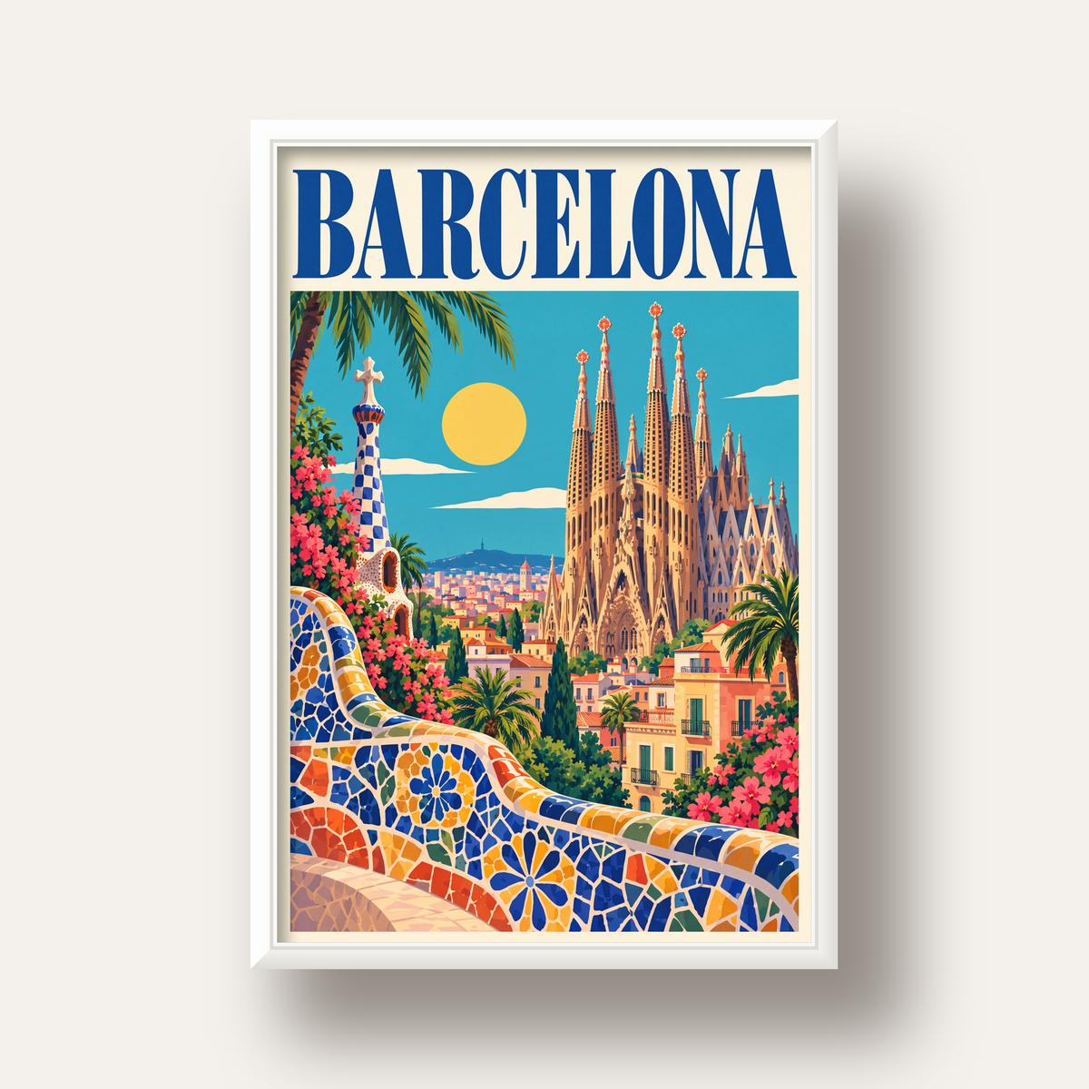 Barcelona Şehir Manzarası Canlı Dijital Poster Baskı — beyaz derin çerçeveli
