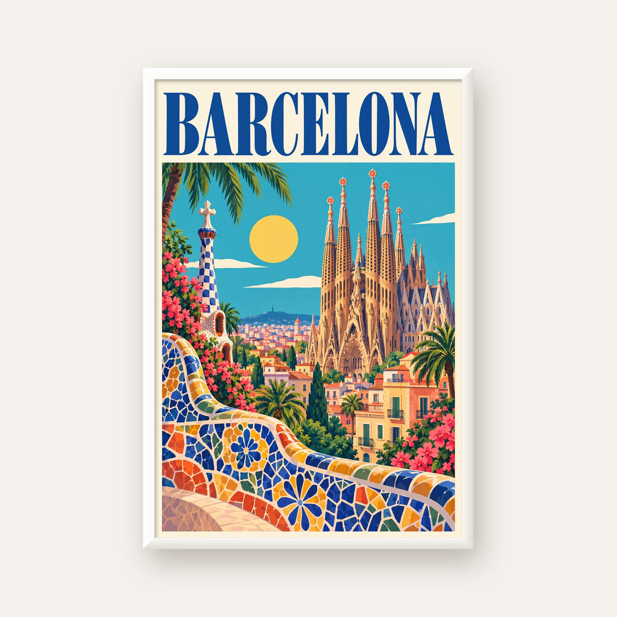 Barcelona Şehir Manzarası Canlı Dijital Poster Baskı — beyaz çerçeveli dikey poster