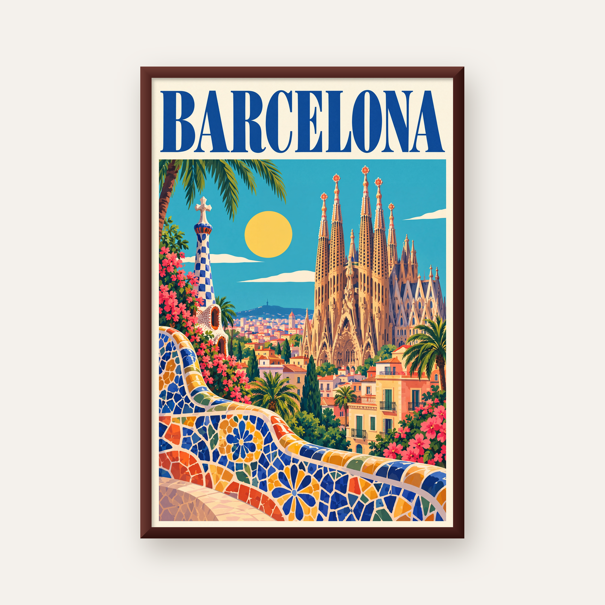 Barcelona Şehir Manzarası Canlı Dijital Poster Baskı — ceviz çerçeveli