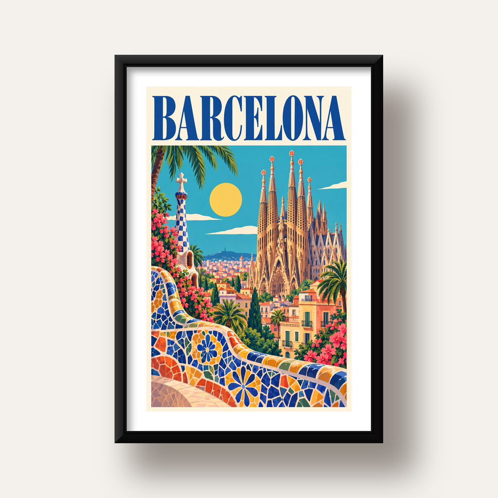 Barcelona Şehir Manzarası Canlı Dijital Poster Baskı — siyah derin çerçeveli paspartulu
