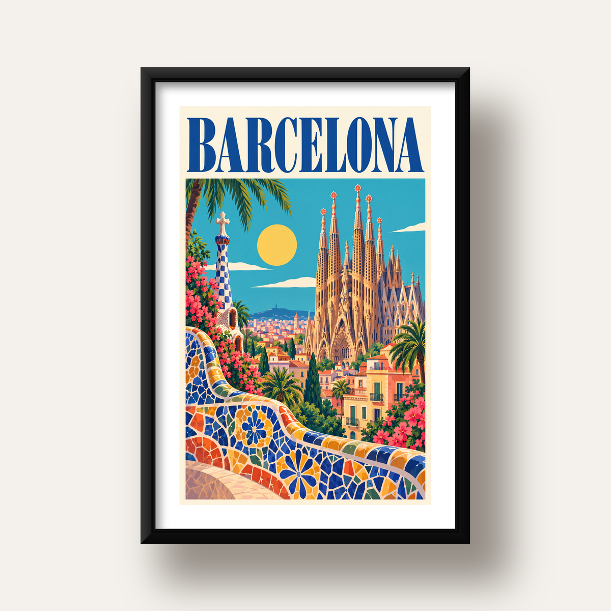 Barcelona Şehir Manzarası Canlı Dijital Poster Baskı — siyah derin çerçeveli paspartulu