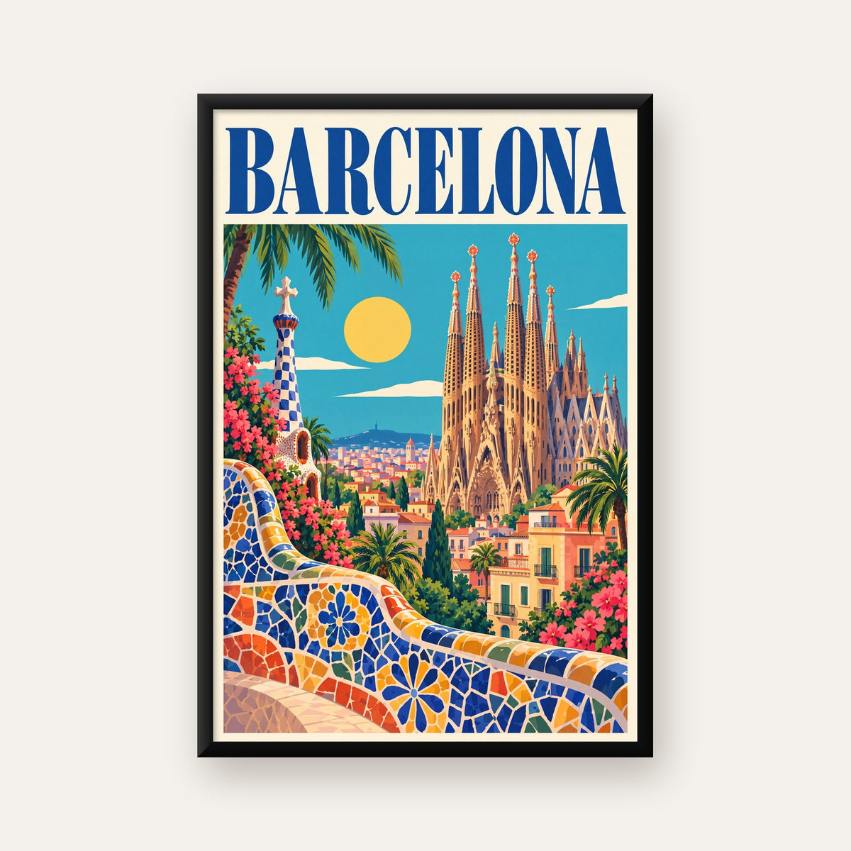 Barcelona Şehir Manzarası Canlı Dijital Poster Baskı — ceviz çerçeveli