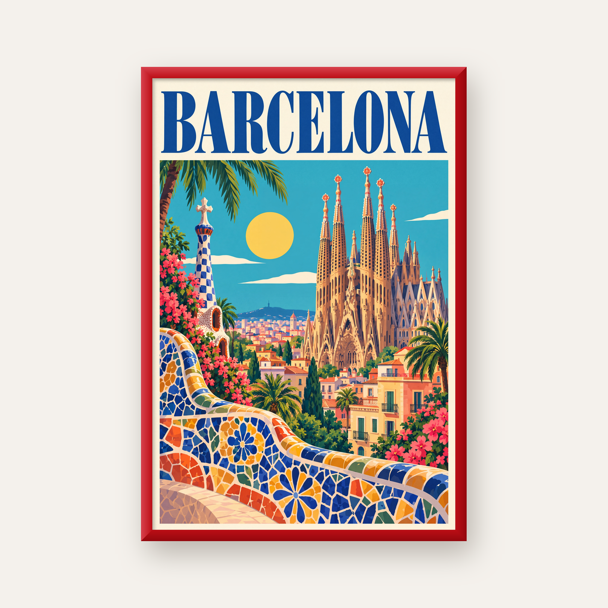 Barcelona Şehir Manzarası Canlı Dijital Poster Baskı — kırmızı çerçeveli