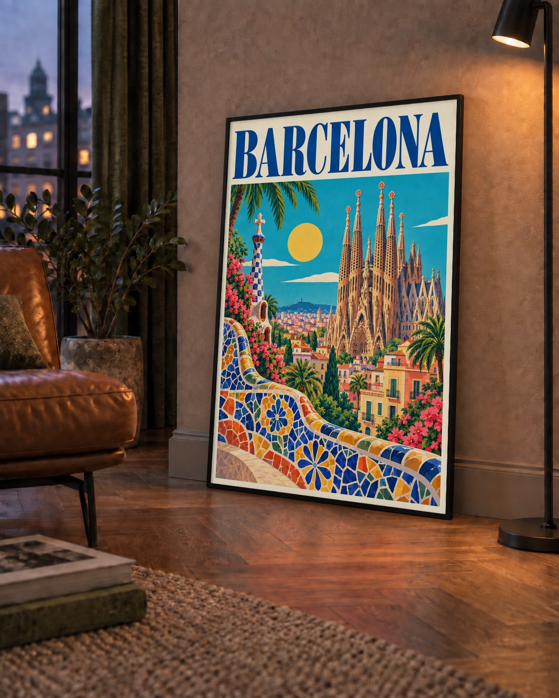 Barcelona Şehir Manzarası Canlı Dijital Poster Baskı — çerçeveli hâliyle bir ev duvarında