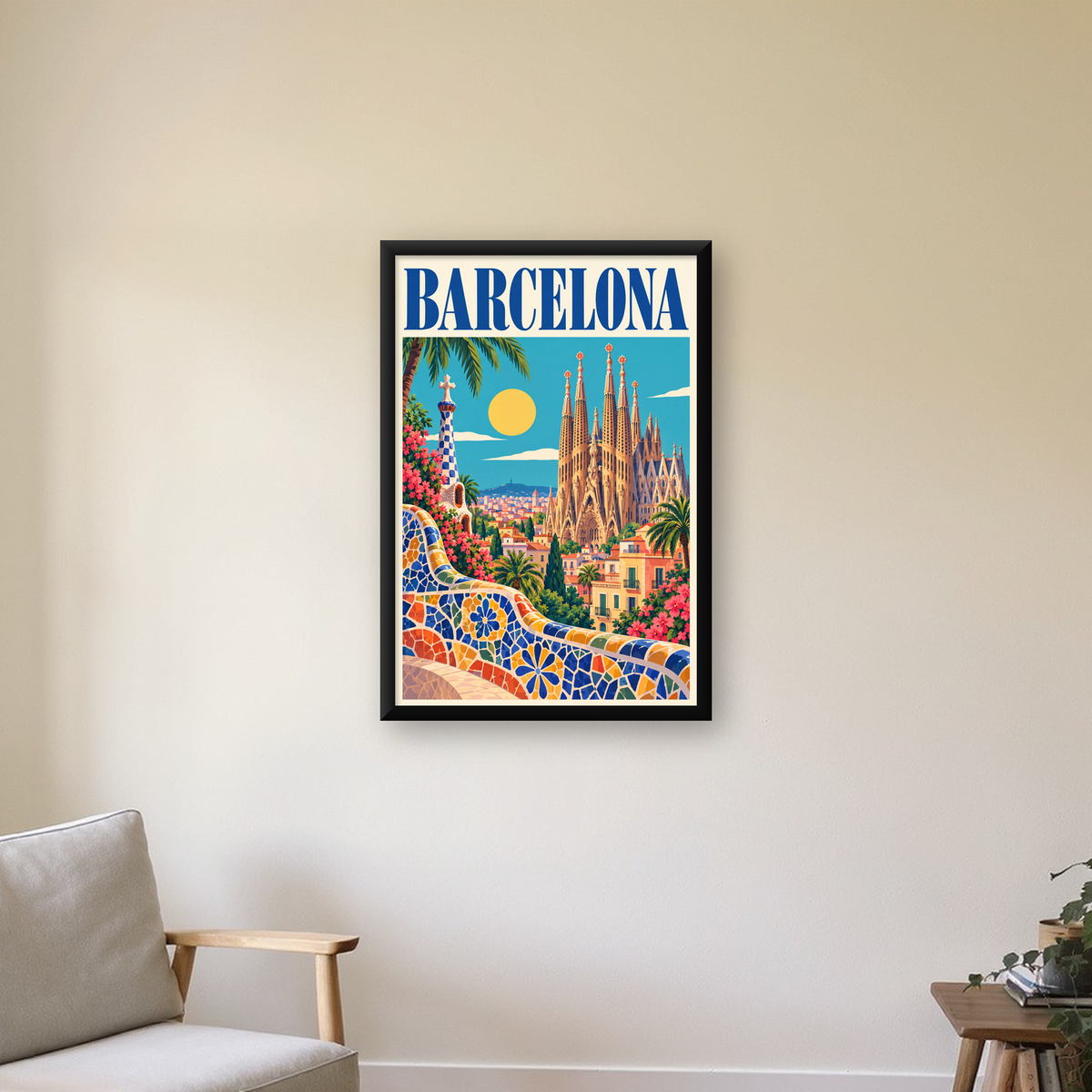 Barcelona Şehir Manzarası Canlı Dijital Poster Baskı — çerçeveli hâliyle bir ev duvarında