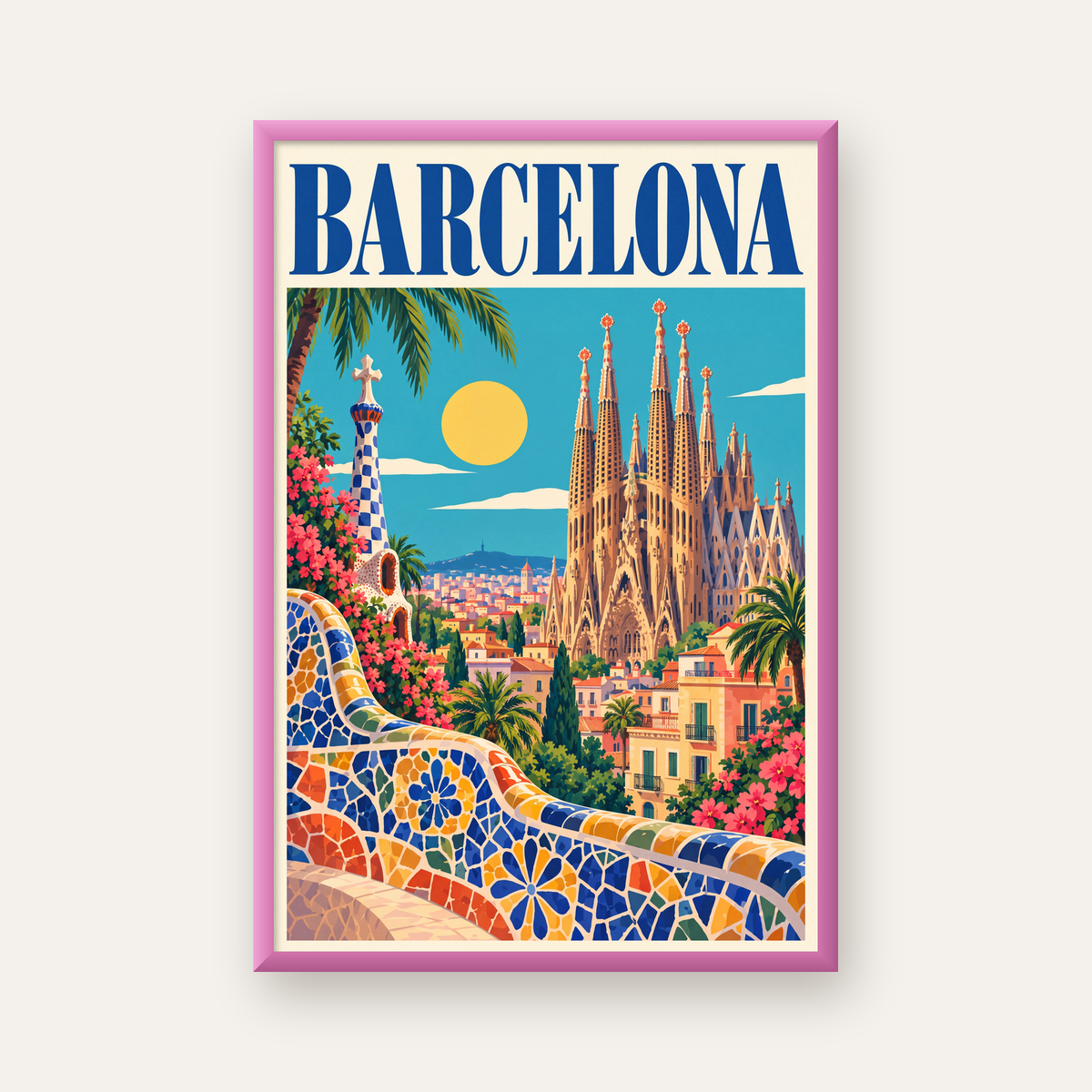 Barcelona Şehir Manzarası Canlı Dijital Poster Baskı — pembe çerçeveli