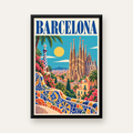 Barcelona Şehir Manzarası Canlı Dijital Poster Baskı — düz siyah çerçeveli duvar posteri