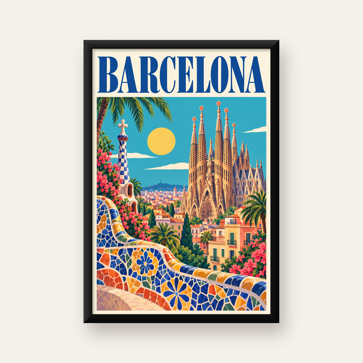 Barcelona Şehir Manzarası Canlı Dijital Poster Baskı — düz siyah çerçeveli duvar posteri