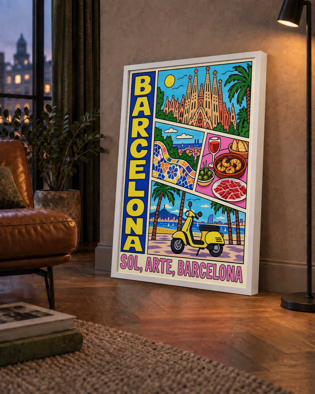 Barselona İllüstrasyon Kolaj Poster – Renkli Duvar Sanatı — çerçeveli hâliyle bir ev duvarında