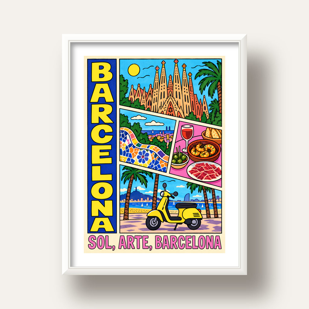Barselona İllüstrasyon Kolaj Poster – Renkli Duvar Sanatı — beyaz derin çerçeveli paspartulu