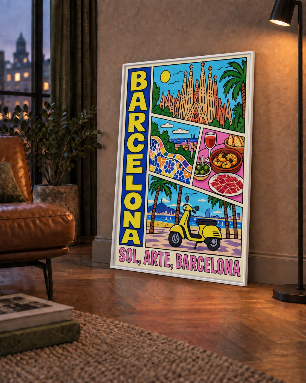 Barselona İllüstrasyon Kolaj Poster – Renkli Duvar Sanatı — çerçeveli hâliyle bir ev duvarında