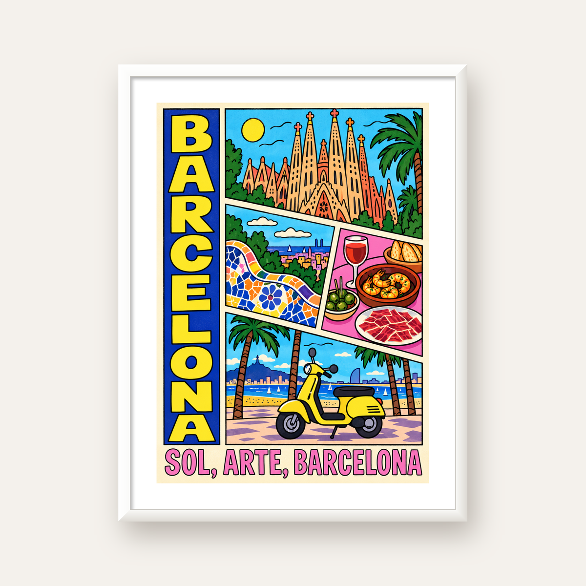Barselona İllüstrasyon Kolaj Poster – Renkli Duvar Sanatı — beyaz çerçeveli dikey poster