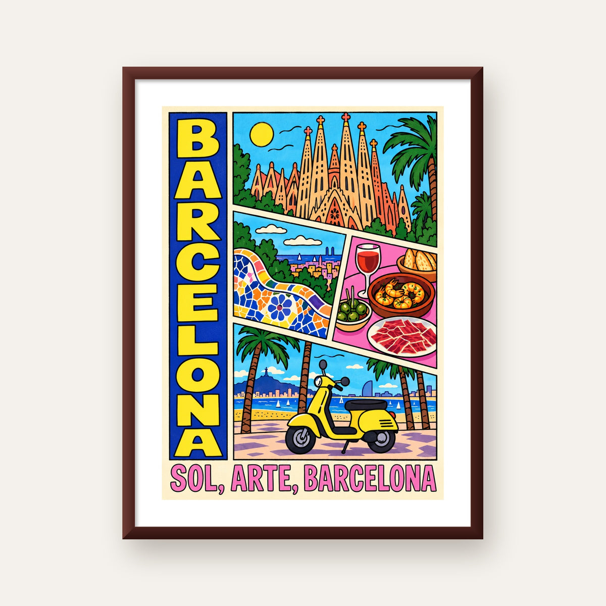 Barselona İllüstrasyon Kolaj Poster – Renkli Duvar Sanatı — ceviz çerçeveli paspartulu
