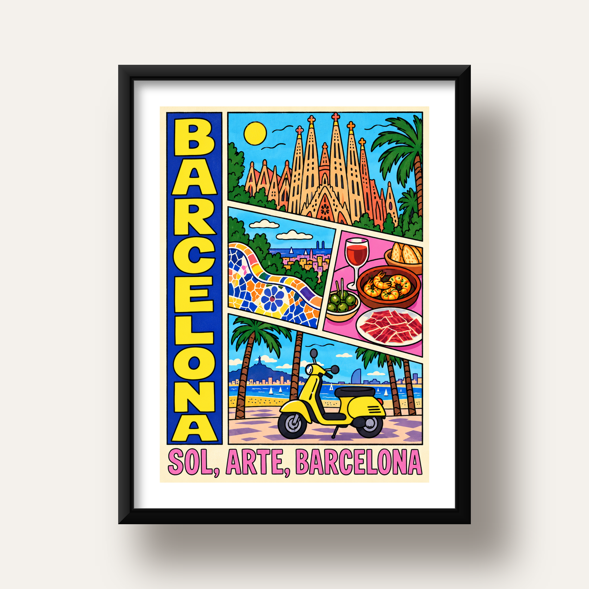 Barselona İllüstrasyon Kolaj Poster – Renkli Duvar Sanatı — siyah derin çerçeveli paspartulu