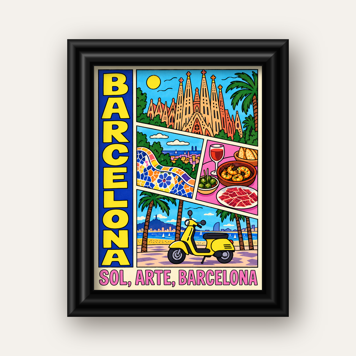 Barselona İllüstrasyon Kolaj Poster – Renkli Duvar Sanatı — siyah galeri çerçeveli