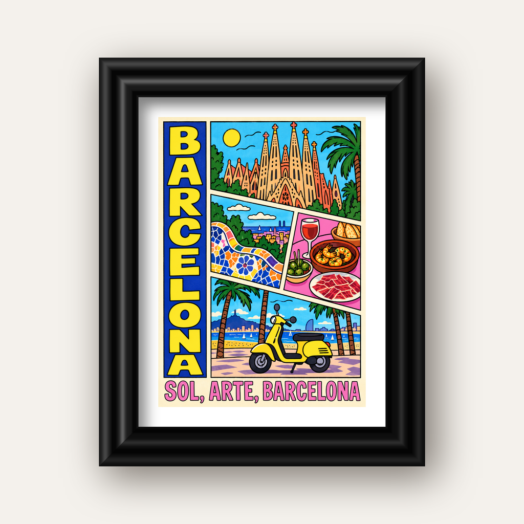 Barselona İllüstrasyon Kolaj Poster – Renkli Duvar Sanatı — siyah galeri çerçeveli paspartulu