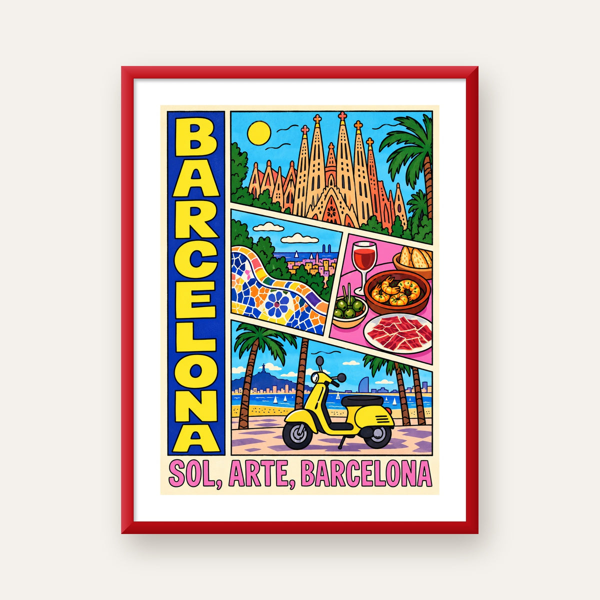 Barselona İllüstrasyon Kolaj Poster – Renkli Duvar Sanatı — kırmızı çerçeveli paspartulu