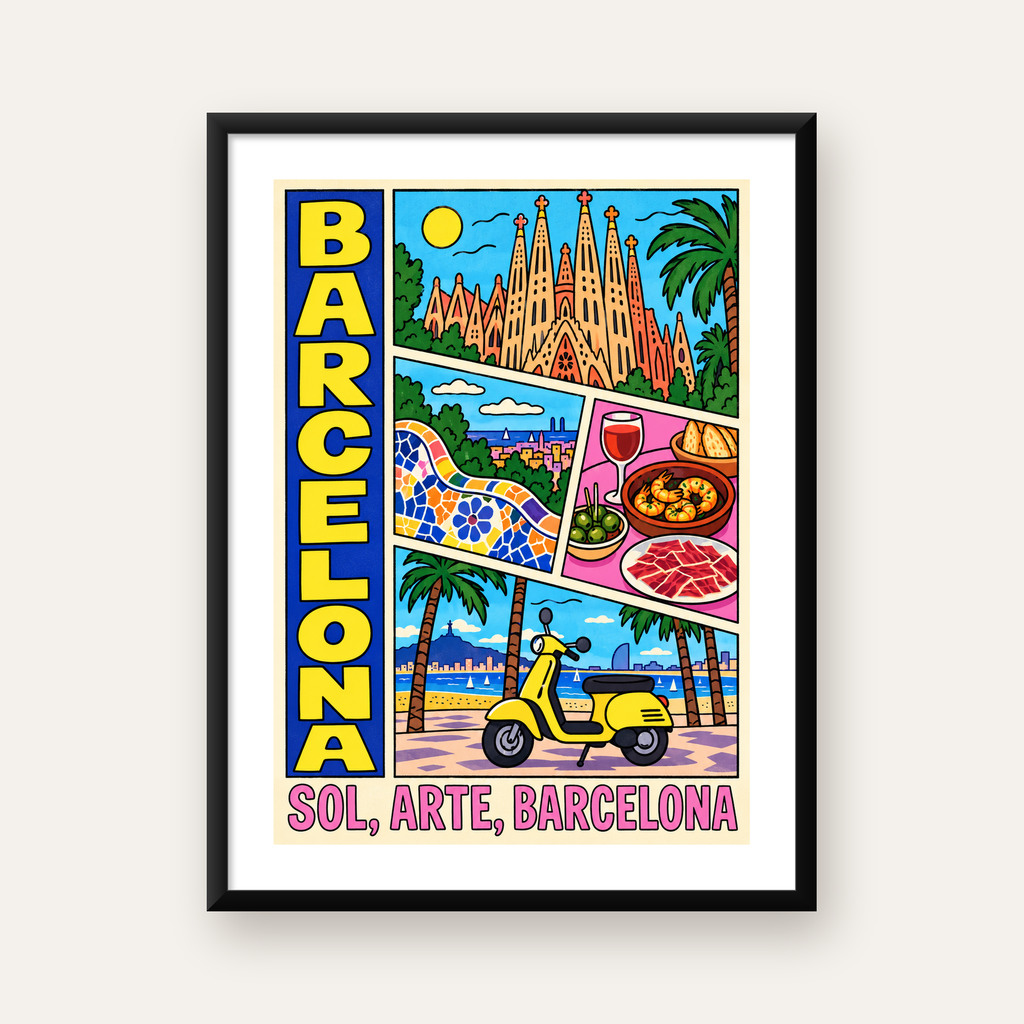 Barselona İllüstrasyon Kolaj Poster – Renkli Duvar Sanatı — Dikey baskı, beyaz paspartulu
