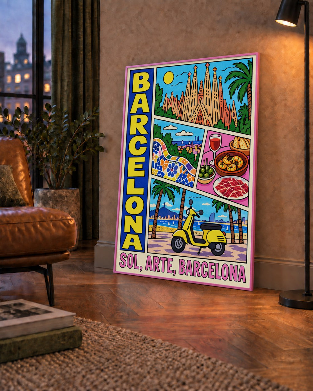 Barselona İllüstrasyon Kolaj Poster – Renkli Duvar Sanatı — çerçeveli hâliyle bir ev duvarında