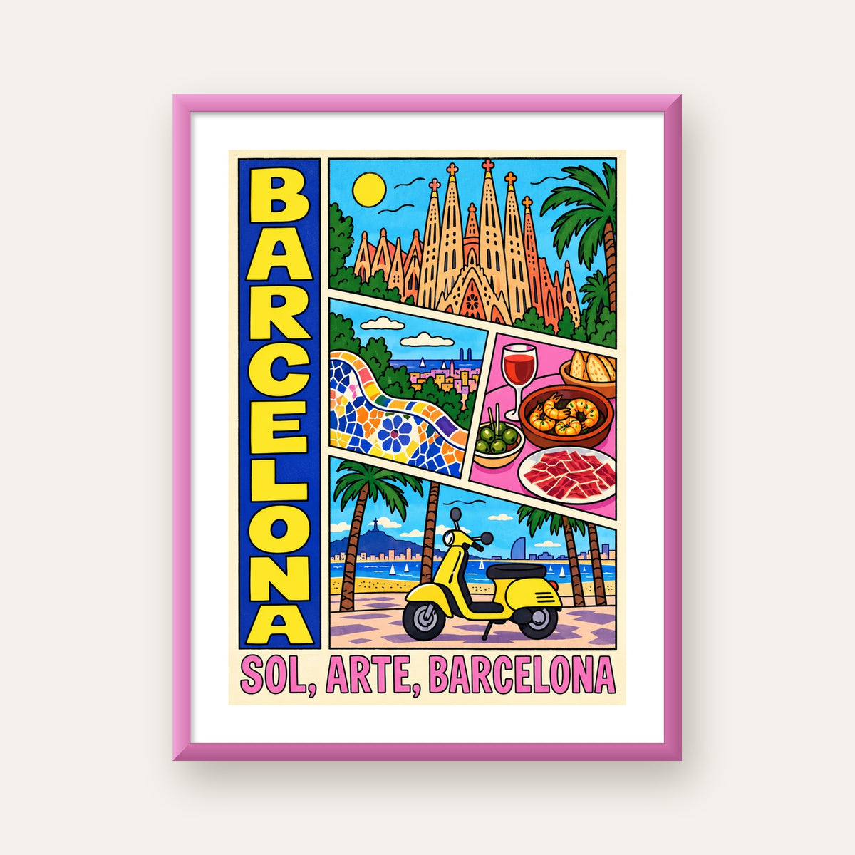Barselona İllüstrasyon Kolaj Poster – Renkli Duvar Sanatı — pembe çerçeveli paspartulu