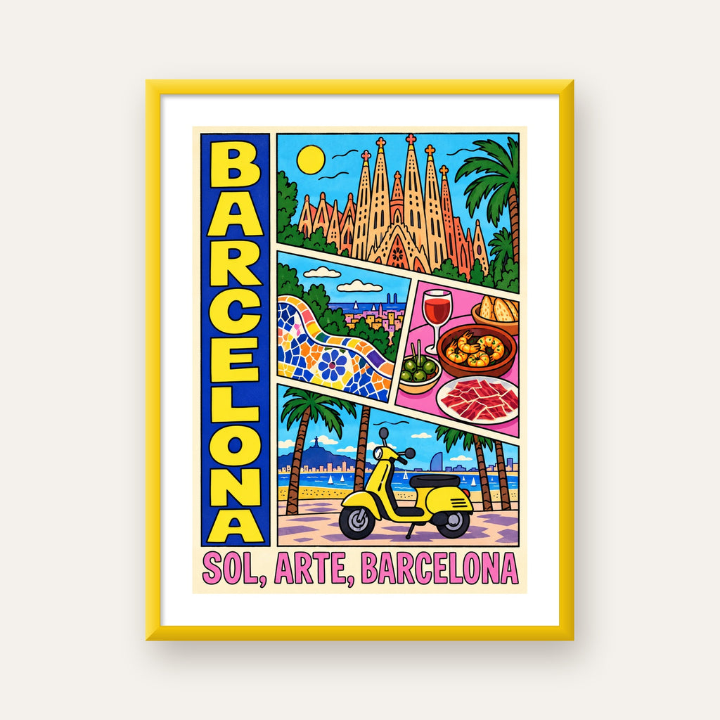 Barselona İllüstrasyon Kolaj Poster – Renkli Duvar Sanatı — sarı çerçeveli paspartulu