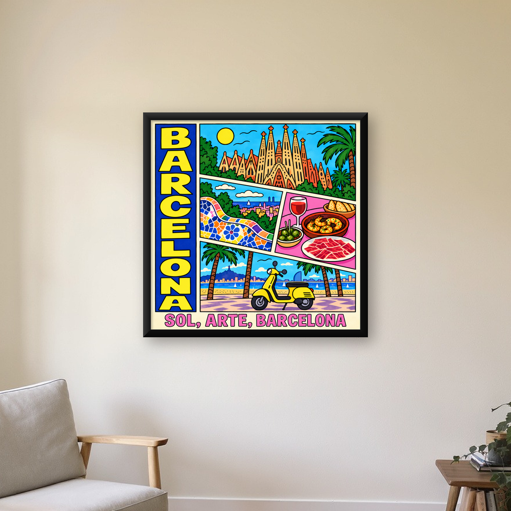 Barselona İllüstrasyon Kolaj Poster – Renkli Duvar Sanatı — Kare baskı, çerçeveli hâliyle bir ev duvarında