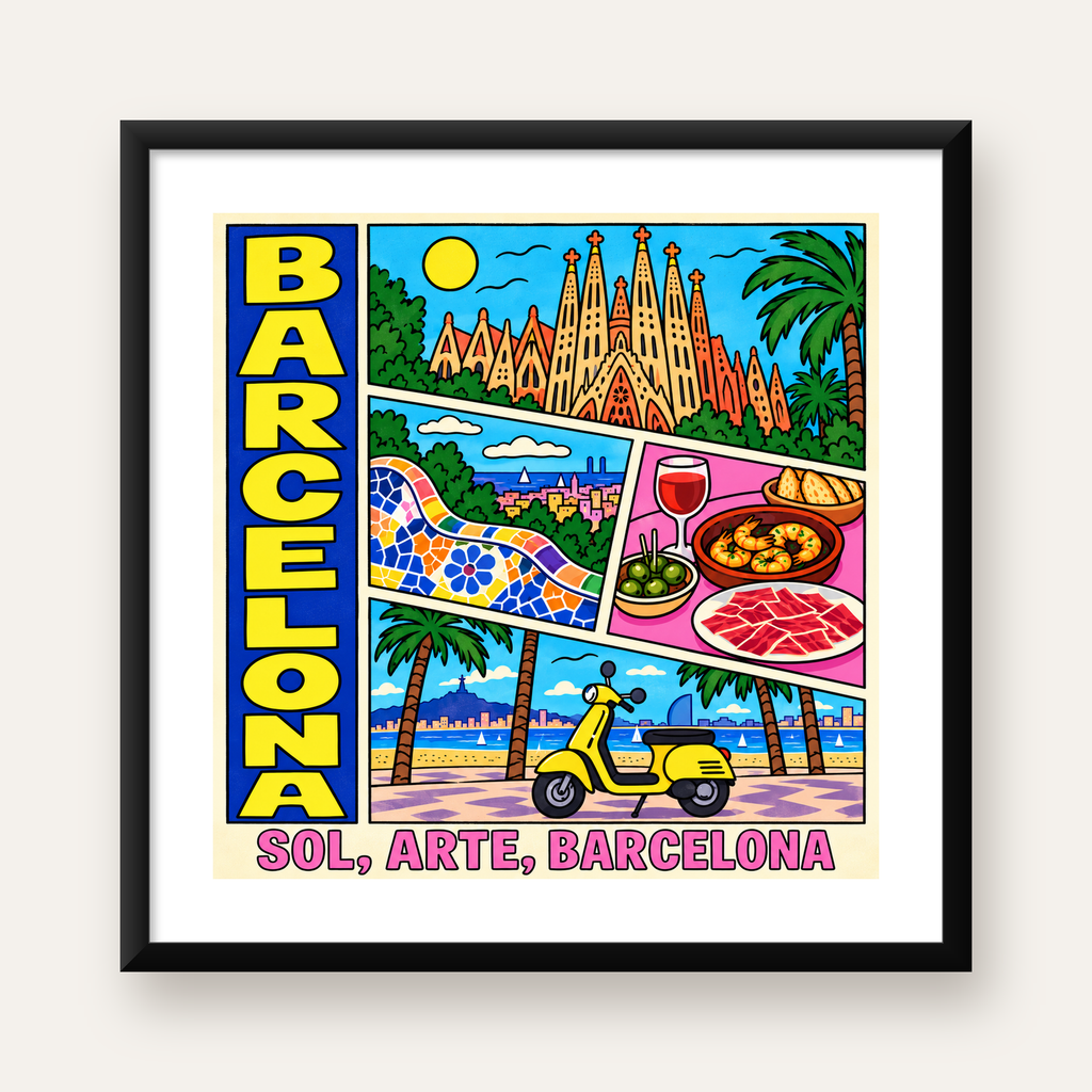Barselona İllüstrasyon Kolaj Poster – Renkli Duvar Sanatı — Kare baskı, beyaz paspartulu