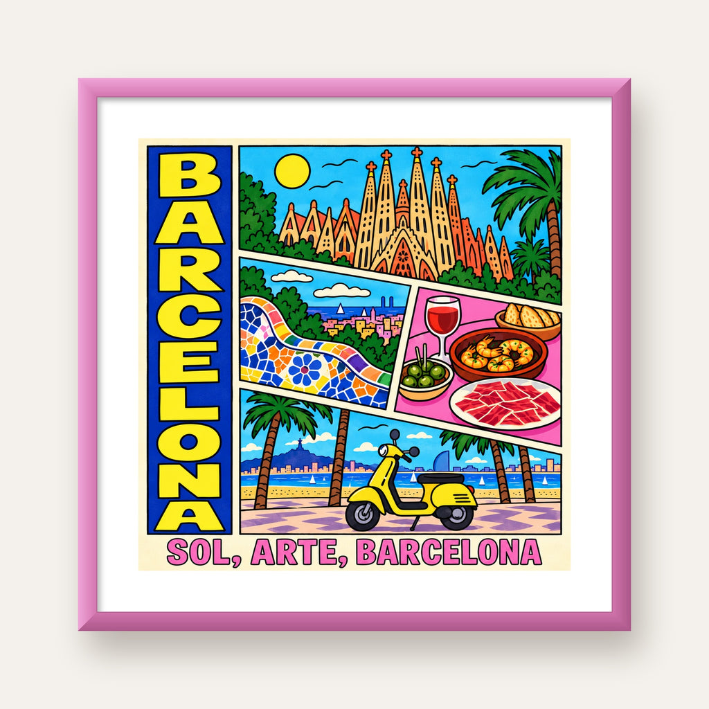 Barselona İllüstrasyon Kolaj Poster – Renkli Duvar Sanatı — pembe çerçeveli paspartulu