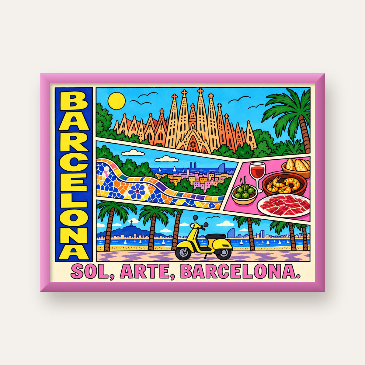 Barselona İllüstrasyon Kolaj Poster – Renkli Duvar Sanatı — pembe çerçeveli