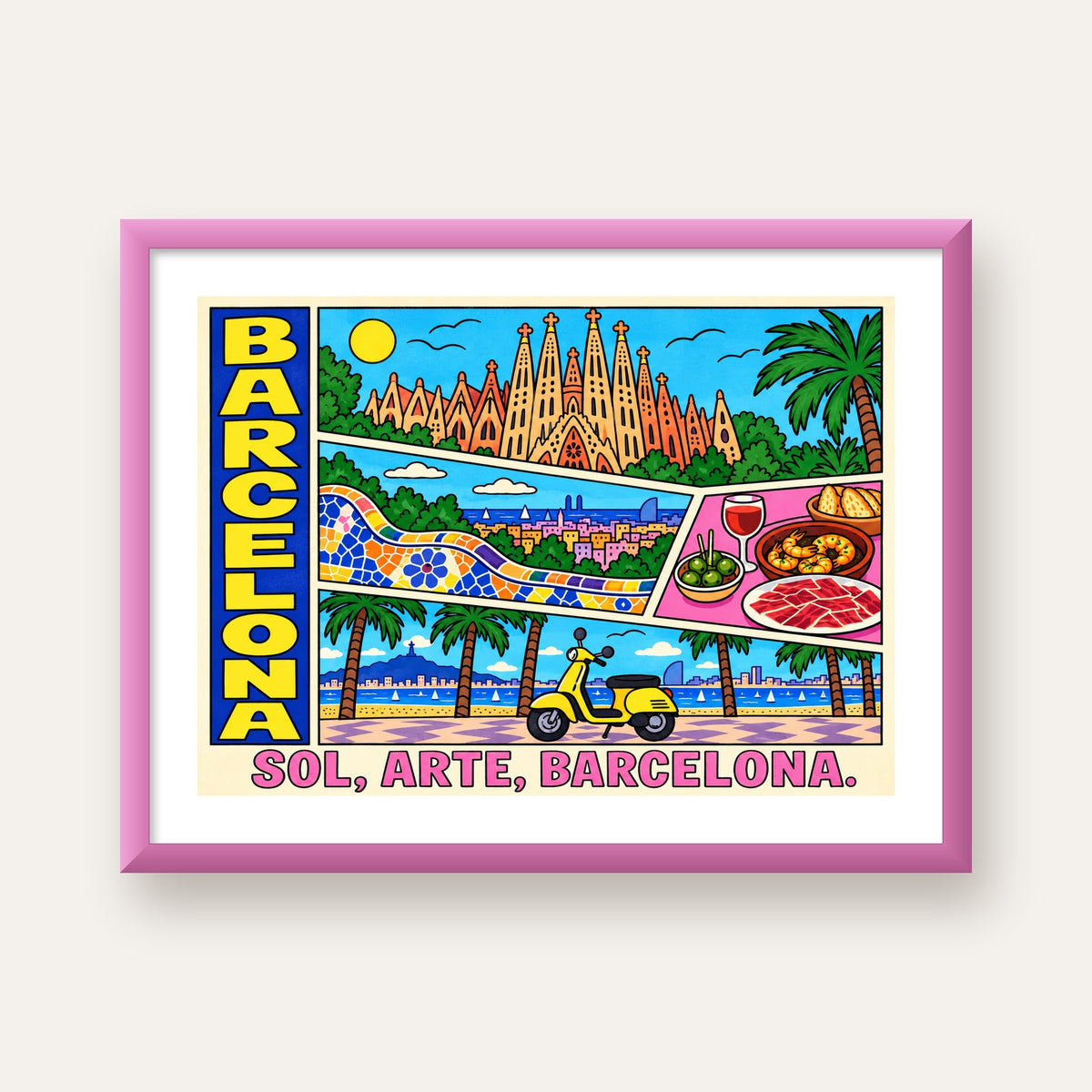 Barselona İllüstrasyon Kolaj Poster – Renkli Duvar Sanatı — pembe çerçeveli paspartulu