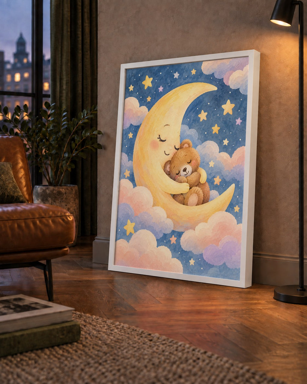 Ay ve Ayıcık Sarılması Suluboya Poster – Masalsı Çocuk Odası