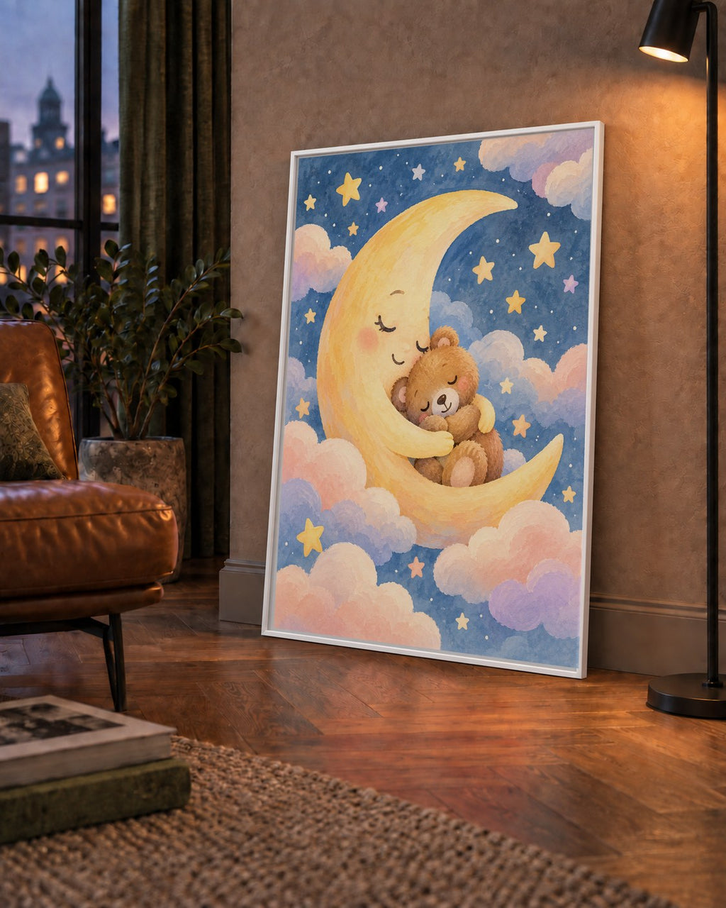 Ay ve Ayıcık Sarılması Suluboya Poster – Masalsı Çocuk Odası