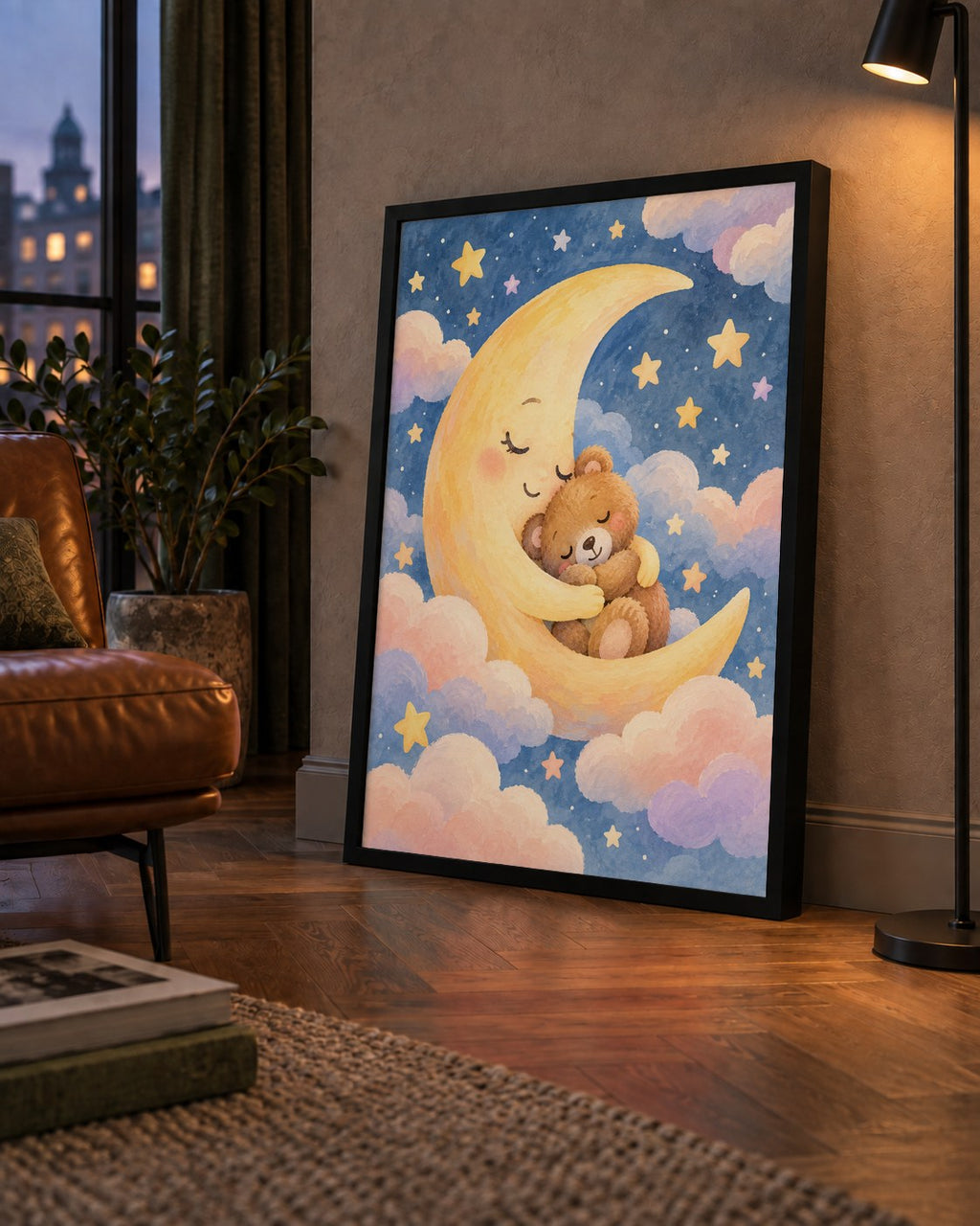 Ay ve Ayıcık Sarılması Suluboya Poster – Masalsı Çocuk Odası
