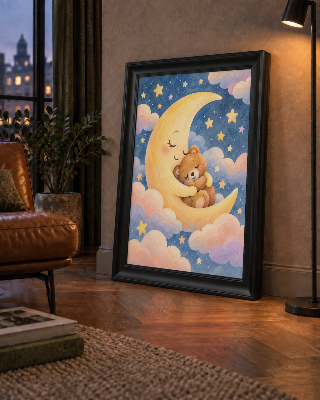 Ay ve Ayıcık Sarılması Suluboya Poster – Masalsı Çocuk Odası