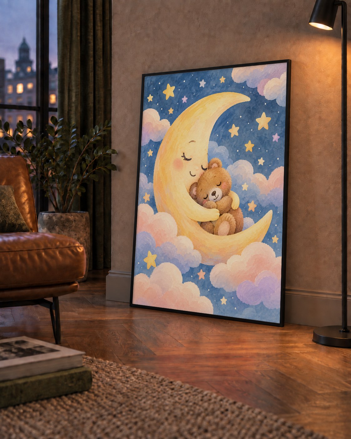 Ay ve Ayıcık Sarılması Suluboya Poster – Masalsı Çocuk Odası
