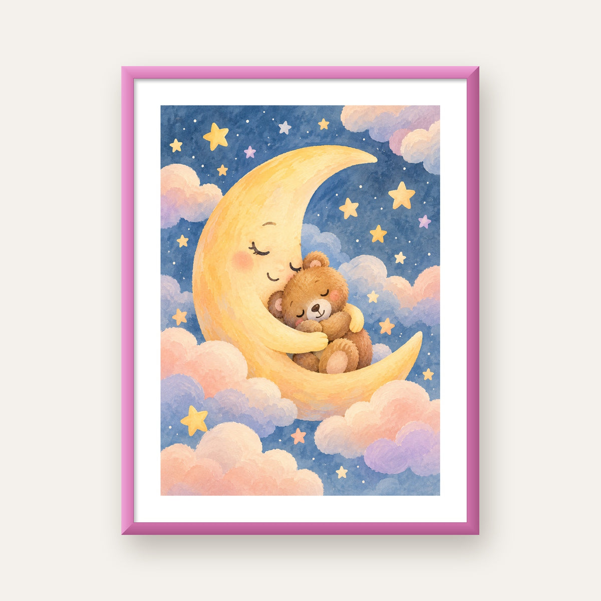 Ay ve Ayıcık Sarılması Suluboya Poster – Masalsı Çocuk Odası — pembe çerçeveli paspartulu