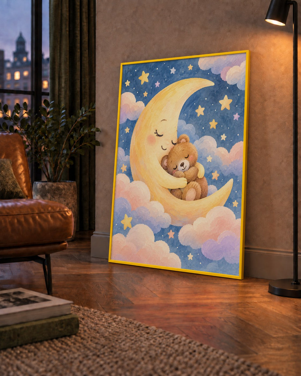 Ay ve Ayıcık Sarılması Suluboya Poster – Masalsı Çocuk Odası