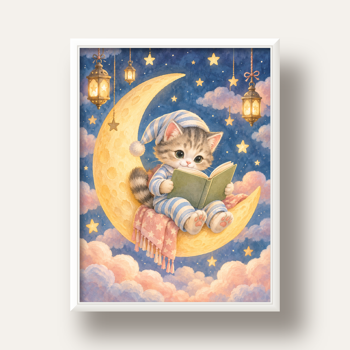 Ayda Kitap Okuyan Sevimli Kedi Pastel Poster — beyaz derin çerçeveli
